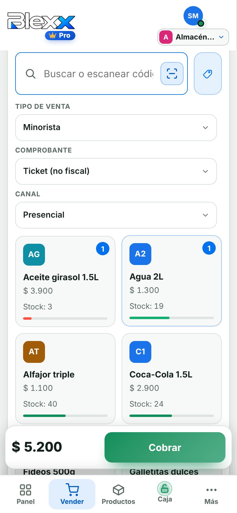 Blexx en el celular: pantalla de venta