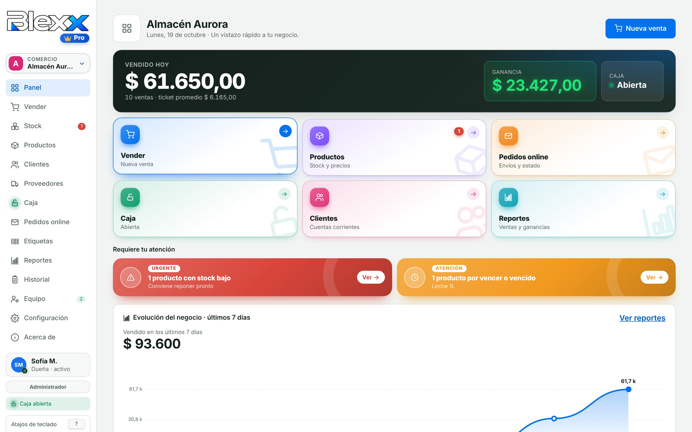 Panel de Blexx: lo vendido hoy, la ganancia, el estado de la caja y los avisos de stock